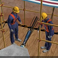 Workers in Yellow Hard Hats Installing Building Components on Construction Scaffolding 3d model