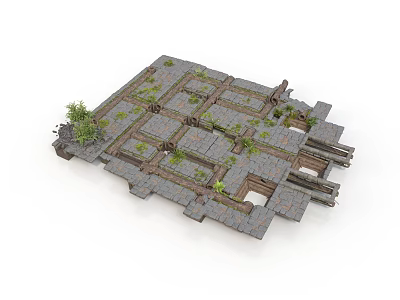 Modern Patterned Stone Slab Ground Design With Green Plants And Geometric Layout 3d model