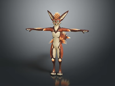 Anthropomorphic Fox Game Character With Brown White Fur Spiked Ears Bushy Tail And Outstretched Arms 3d model
