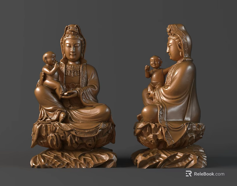 Two Hand Carved Bronze Tone Bodhisattva Sculptures Holding Child On Decorative Base 3d model 