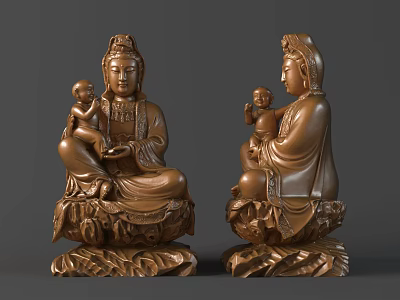 Two Hand Carved Bronze Tone Bodhisattva Sculptures Holding Child On Decorative Base 3d model