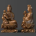 Two Hand Carved Bronze Tone Bodhisattva Sculptures Holding Child On Decorative Base