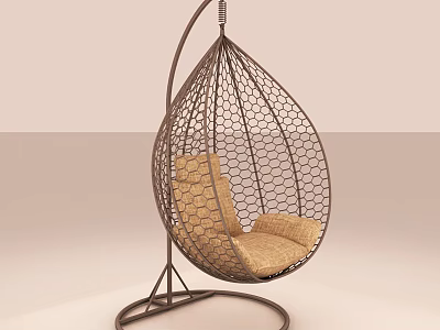 Modern Hanging Chair With Metal Frame Net Design And Cushioned Circular Base 3d model
