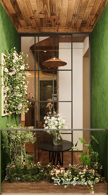 Home Balcony Decor With Green Wall Pink White Flowers And Hanging Lantern 3d model 