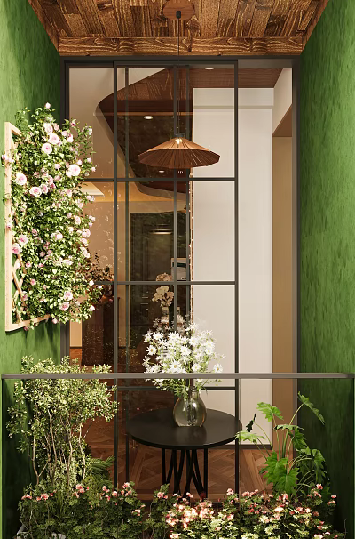 Home Balcony Decor With Green Wall Pink White Flowers And Hanging Lantern 3d model