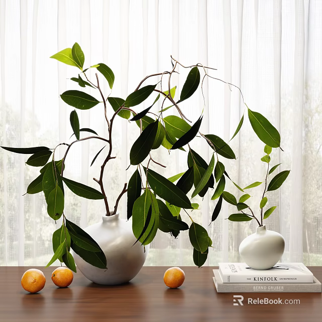 Bonsai Plant with Lush Green Leaves in White Vase and Oranges on Table 3d model 