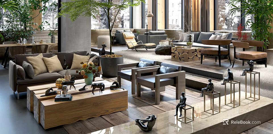 Modern Hotel Public Lounge Area Design With Sofas Armchairs Green Plant Wooden Tables And Decorative Sculptures 3d model 