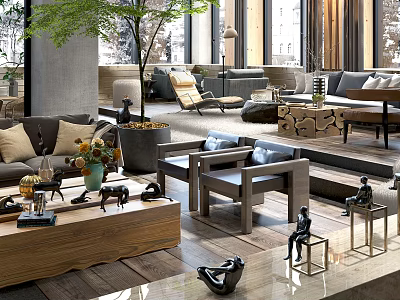 Modern Hotel Public Lounge Area Design With Sofas Armchairs Green Plant Wooden Tables And Decorative Sculptures 3d model