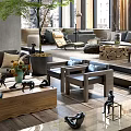 Modern Hotel Public Lounge Area Design With Sofas Armchairs Green Plant Wooden Tables And Decorative Sculptures