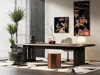 Tea Table and Chairs in Modern Living Room With Potted Plants and Decorative Paintings 3d model