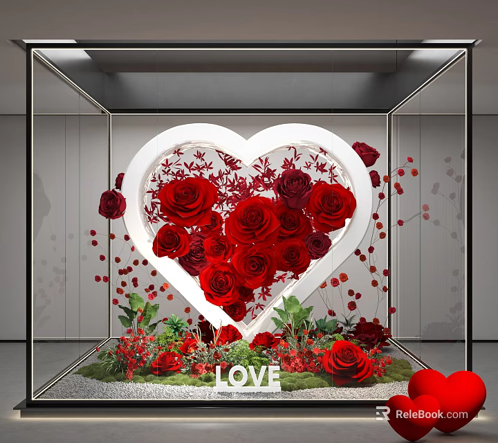 Art Installation Heart Shaped Frame With Red Roses LOVE Lettering In Glass Display Case 3d model 