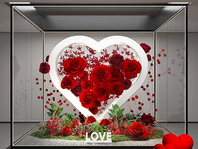 Art Installation Heart Shaped Frame With Red Roses LOVE Lettering In Glass Display Case 3d model