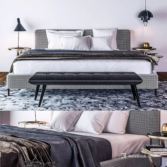 Modern Plaid Bedroom Interior With Bed Bench Pillows And Nightstand Lamp 3d model 