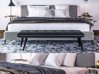 Modern Plaid Bedroom Interior With Bed Bench Pillows And Nightstand Lamp 3d model