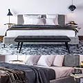 Modern Plaid Bedroom Interior With Bed Bench Pillows And Nightstand Lamp