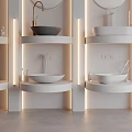 Multiple Modern Washbasins with Circular Mirrors Recessed Lighting White Walls and Gray Flooring