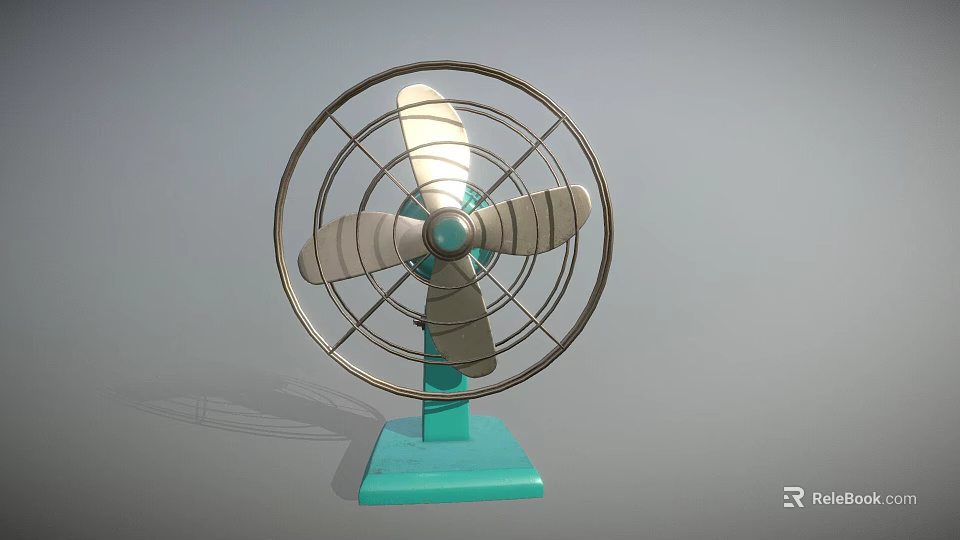 Vintage Style Air Conditioning Fan With Metal Grille Silver Blades And Blue Base 3d model 