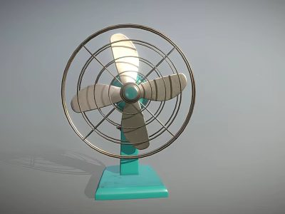 Vintage Style Air Conditioning Fan With Metal Grille Silver Blades And Blue Base 3d model