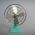 Vintage Style Air Conditioning Fan With Metal Grille Silver Blades And Blue Base