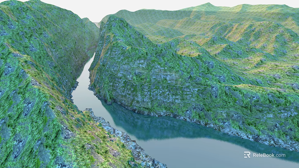 Majestic Natural Scenery Of Green Forested Canyon With Winding Calm River And Distant Lush Mountains 3d model 