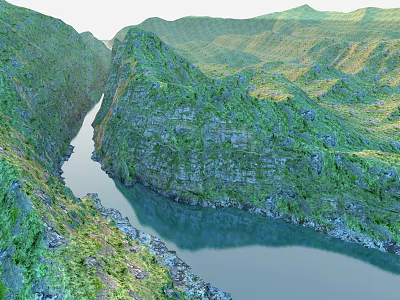 Majestic Natural Scenery Of Green Forested Canyon With Winding Calm River And Distant Lush Mountains 3d model