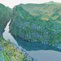 Majestic Natural Scenery Of Green Forested Canyon With Winding Calm River And Distant Lush Mountains