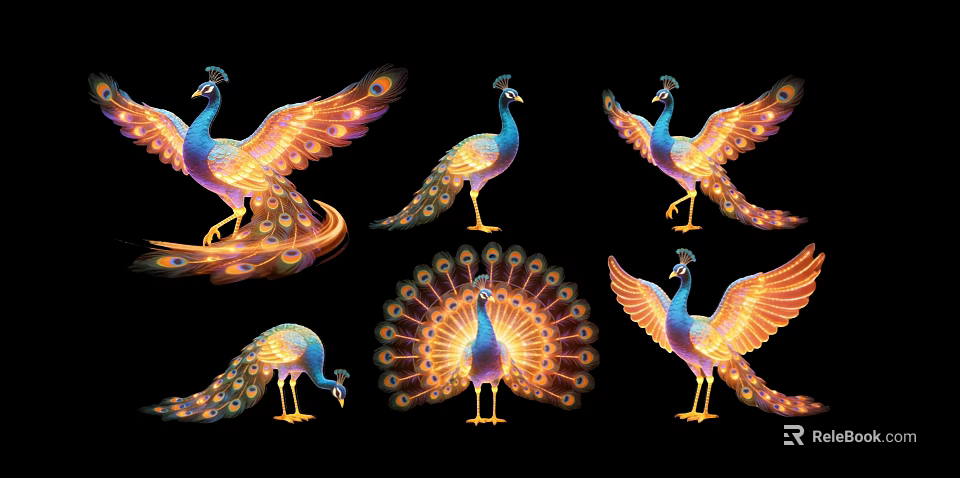 Colorful Peacock Art Installation With Vibrant Feathers And Various Poses 3d model 