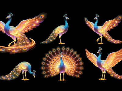Colorful Peacock Art Installation With Vibrant Feathers And Various Poses 3d model