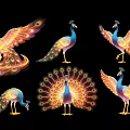 Colorful Peacock Art Installation With Vibrant Feathers And Various Poses