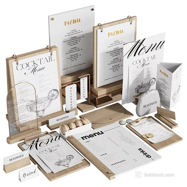 Assorted Restaurant Menu Items With Wooden Holders Cocktail Menus And Cards 3d model 