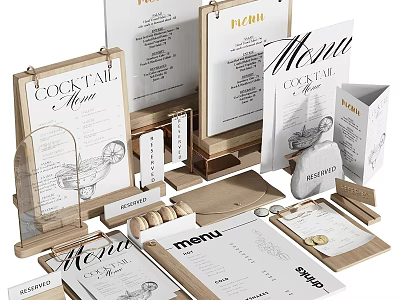 Assorted Restaurant Menu Items With Wooden Holders Cocktail Menus And Cards 3d model