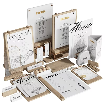 Assorted Restaurant Menu Items With Wooden Holders Cocktail Menus And Cards 3d model