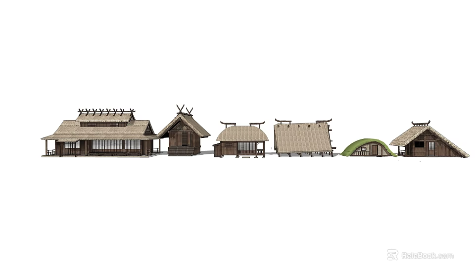 Traditional Japanese Houses With Various Styles Wooden Structures And Thatched Roofs Row 3d model 