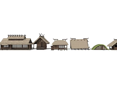 Traditional Japanese Houses With Various Styles Wooden Structures And Thatched Roofs Row 3d model