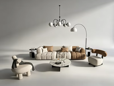 Modern Beige and Brown Sofa Set with Coffee Table Floor Lamp and Chandelier 3d model