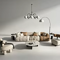 Modern Beige and Brown Sofa Set with Coffee Table Floor Lamp and Chandelier
