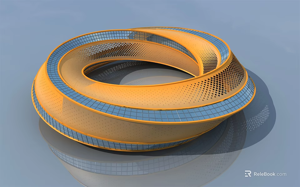 Modern Spiral Landmark Building With Orange Blue Mesh Loop Exterior Design 3d model 