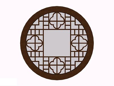 Traditional Chinese Circular Carved Lattice Window With Brown Frame And Square Center Panel 3d model