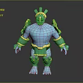 Blue Mythical Warrior Creature With Green Headdress And Gold Armor Details