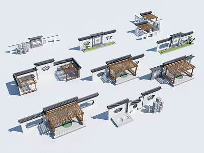 Scenic Garden Wall Various Designs With Wooden Structures And Green Plants 3d model