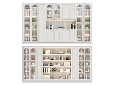 Modern White Bookcase Design With Glass Doors Shelves Books And Decorations 3d model
