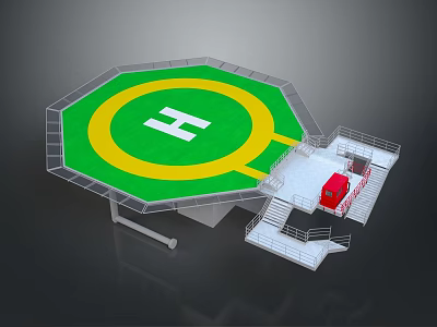 Octagonal Helicopter Landing Pad Featuring Green Surface Yellow Circle White H Sign And Red Vehicle 3d model