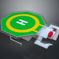 Octagonal Helicopter Landing Pad Featuring Green Surface Yellow Circle White H Sign And Red Vehicle
