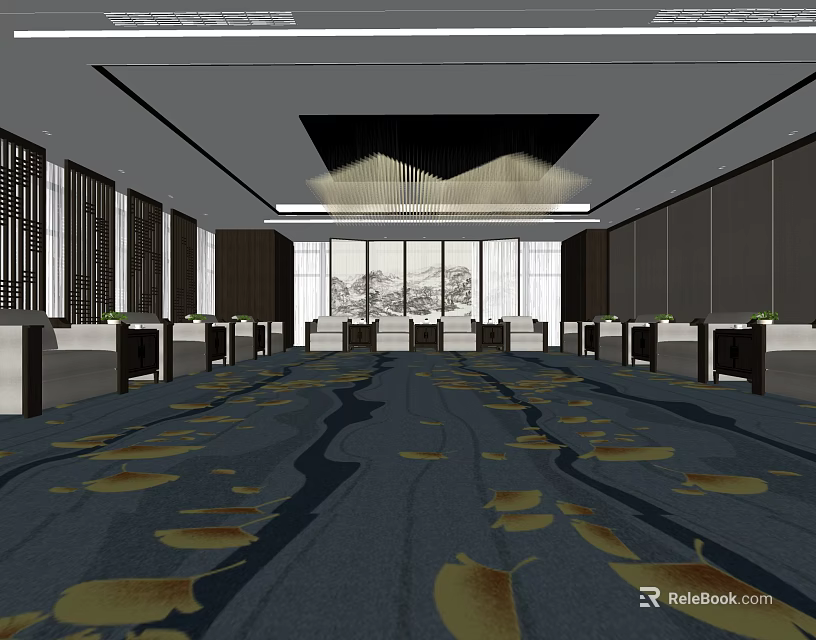Hotel Public Lounge Interior With Spacious Layout Comfortable Seating And Elegant Carpet Design 3d model