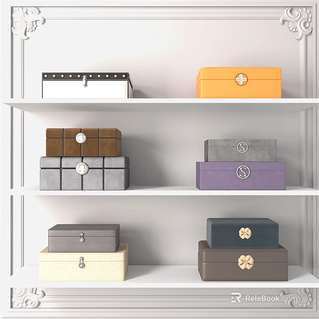 Decorative Ornament Box Collection With Assorted Colors And Decorative Closures On White Shelves 3d model 