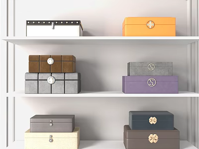 Decorative Ornament Box Collection With Assorted Colors And Decorative Closures On White Shelves 3d model