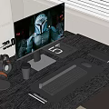 Desktop computer all-in-one keyboard mouse headset phone notepad pen coffee cup 3d model
