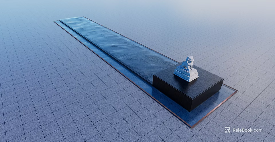 Long Rectangular Water Fountain with Black Pedestal and White Lion Statue on Gray Grid Tiles 3d model 
