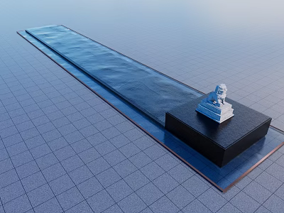 Long Rectangular Water Fountain with Black Pedestal and White Lion Statue on Gray Grid Tiles 3d model