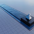 Long Rectangular Water Fountain with Black Pedestal and White Lion Statue on Gray Grid Tiles